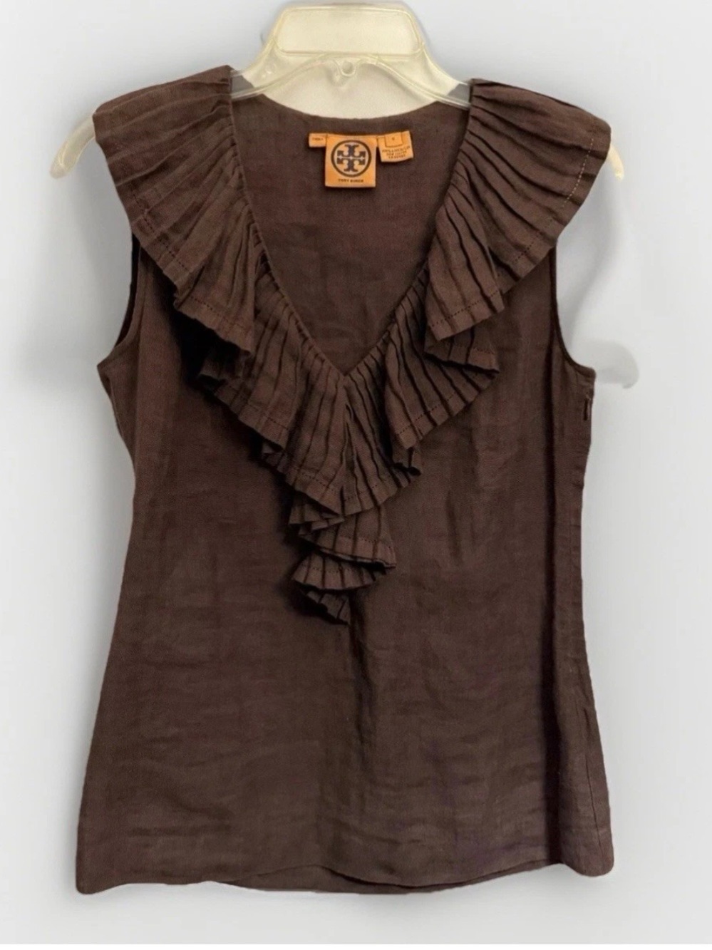 Tory Burch Brown Linen Ruffle V-Neck Sleeveless Tank Size 12 - Picture 3 of 10